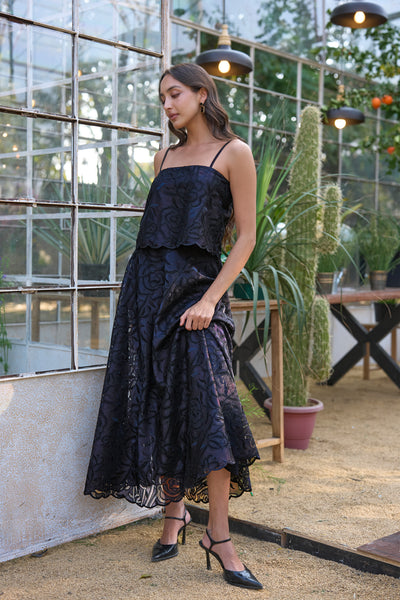 LACE FLARED MIDI SKIRT