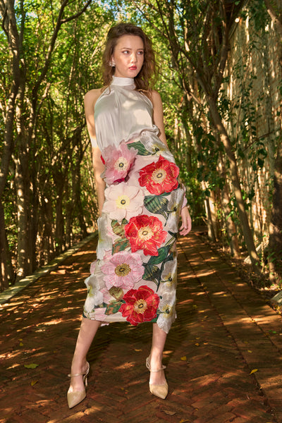 IVORY SATIN HALTER TOP & 3D FLORAL MIDI SKIRT