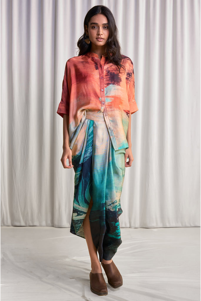 ABSTRACT BRUSHSTROKE PRINT BOXY SHIRT & DRAPED SKIRT dash and dot