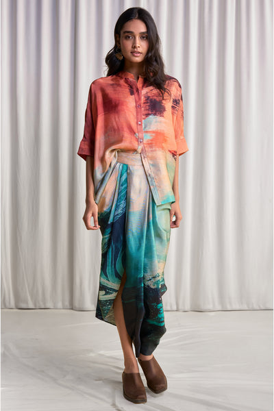 ABSTRACT BRUSHSTROKE PRINT BOXY SHIRT & DRAPED SKIRT