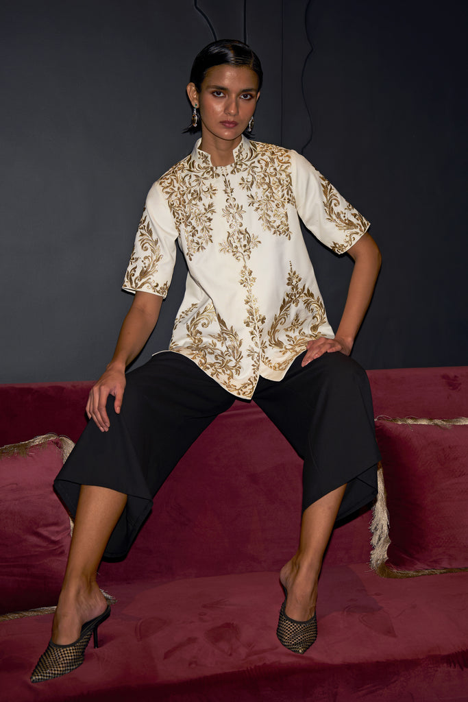 METALLIC EMBROIDERED SHIRT AND BLACK CULOTTE dash and dot