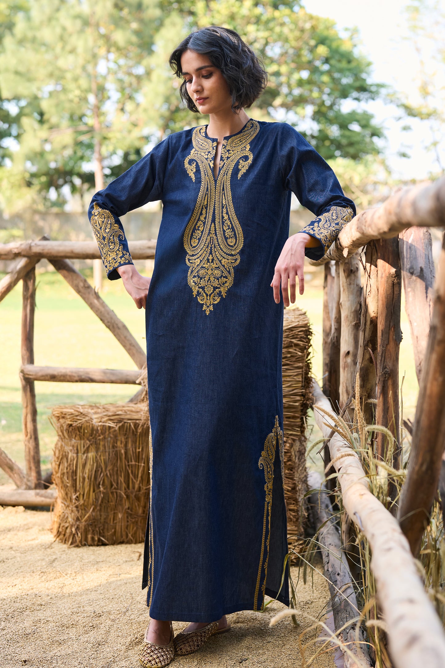 EMBROIDERED DENIM KAFTAN DRESS