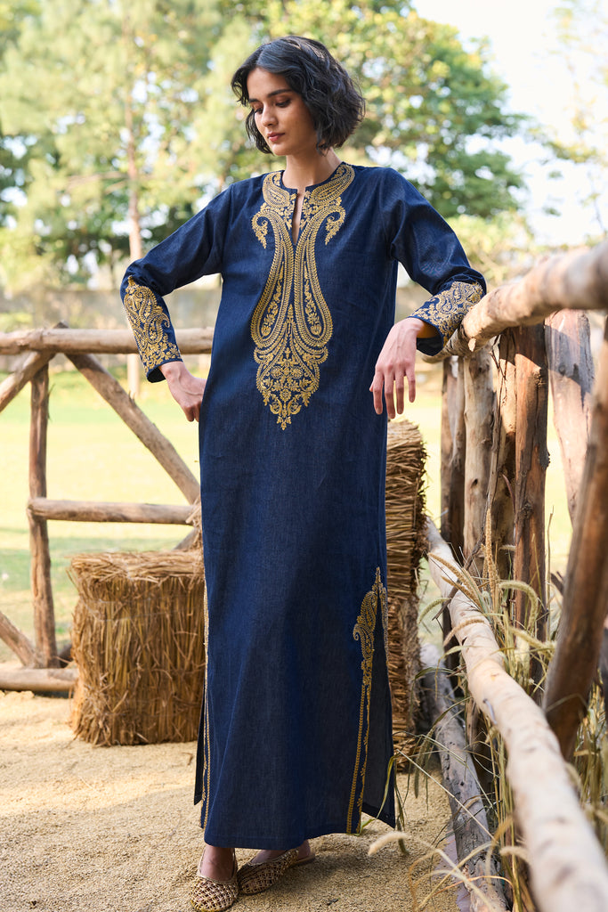 EMBROIDERED DENIM KAFTAN DRESS dash and dot
