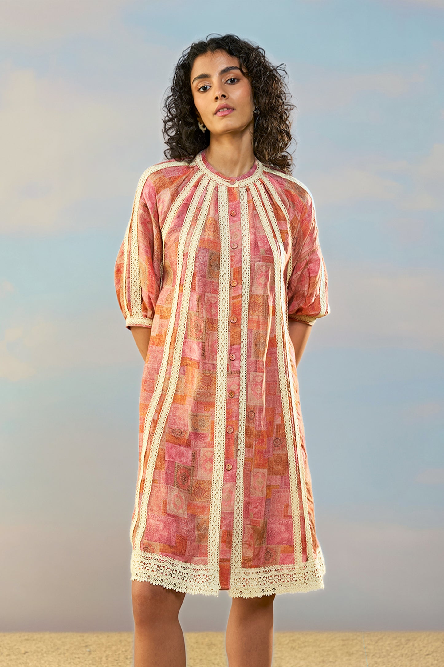 PRINTED LINEN-LACE DRESS