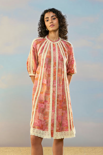 PRINTED LINEN-LACE DRESS