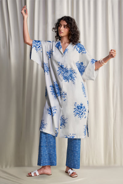 LINEN PORCELAIN PRINT MOTIF SHIRT & MADRAS CHECK PRINT PANT