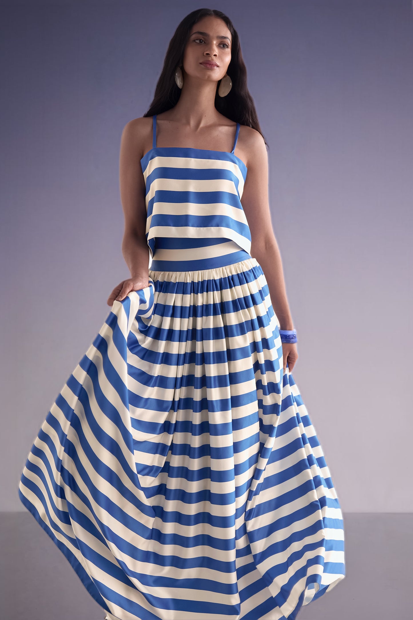 BACK KNOT DRAPED STRIPE TOP & MAXI SKIRT SET