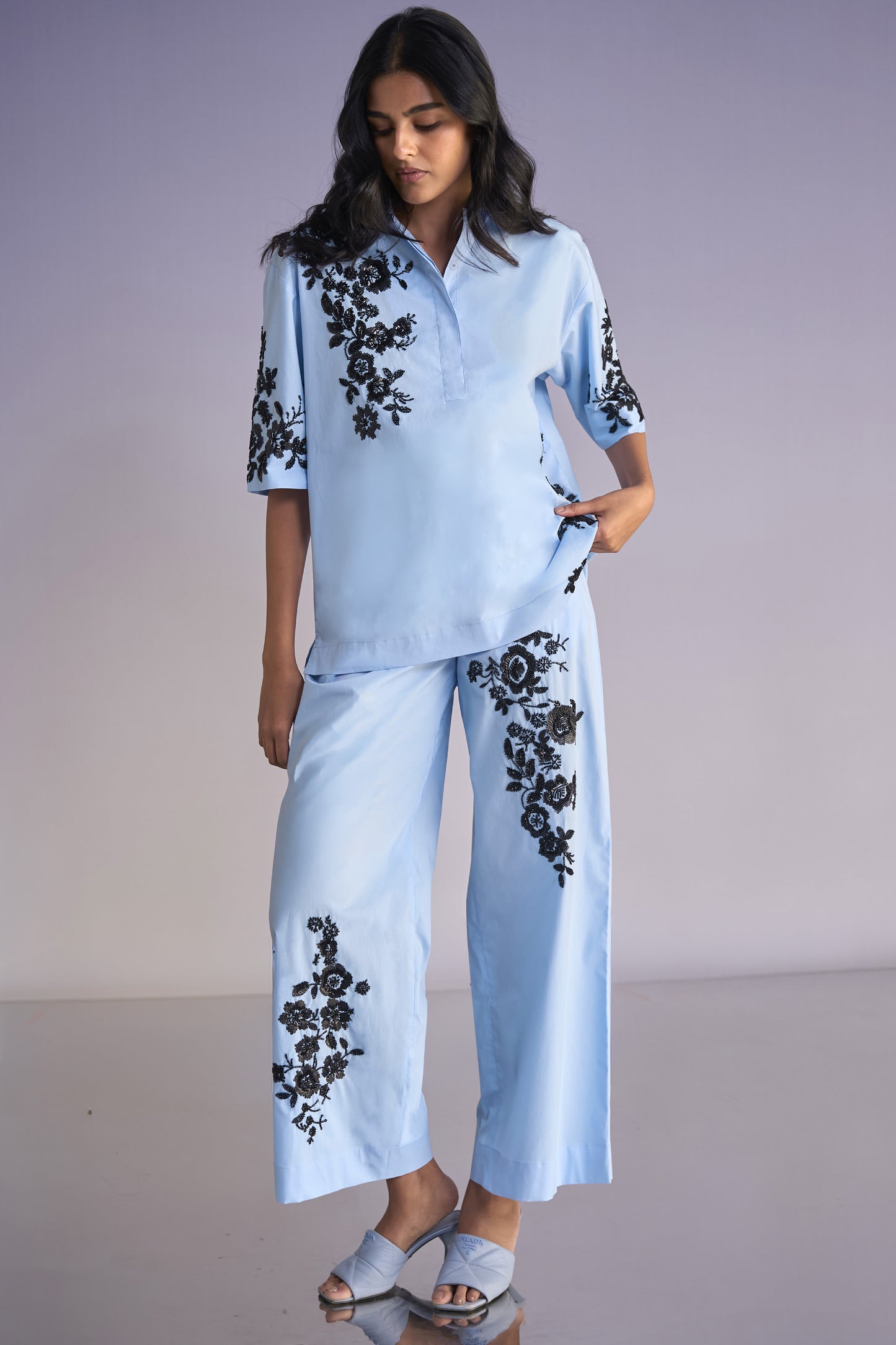 FLORAL BEAD EMBROIDERED SHIRT & PANT SET