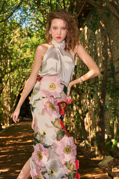 IVORY SATIN HALTER SHIRT