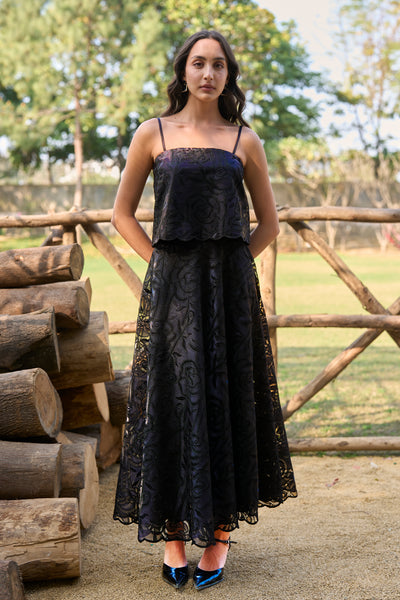 LACE CROPPED TOP & FLARED MIDI SKIRT