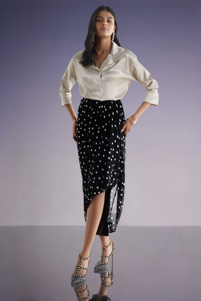 BOXY SATIN POPOVER TOP & POLKA DOT DRAPE SKIRT