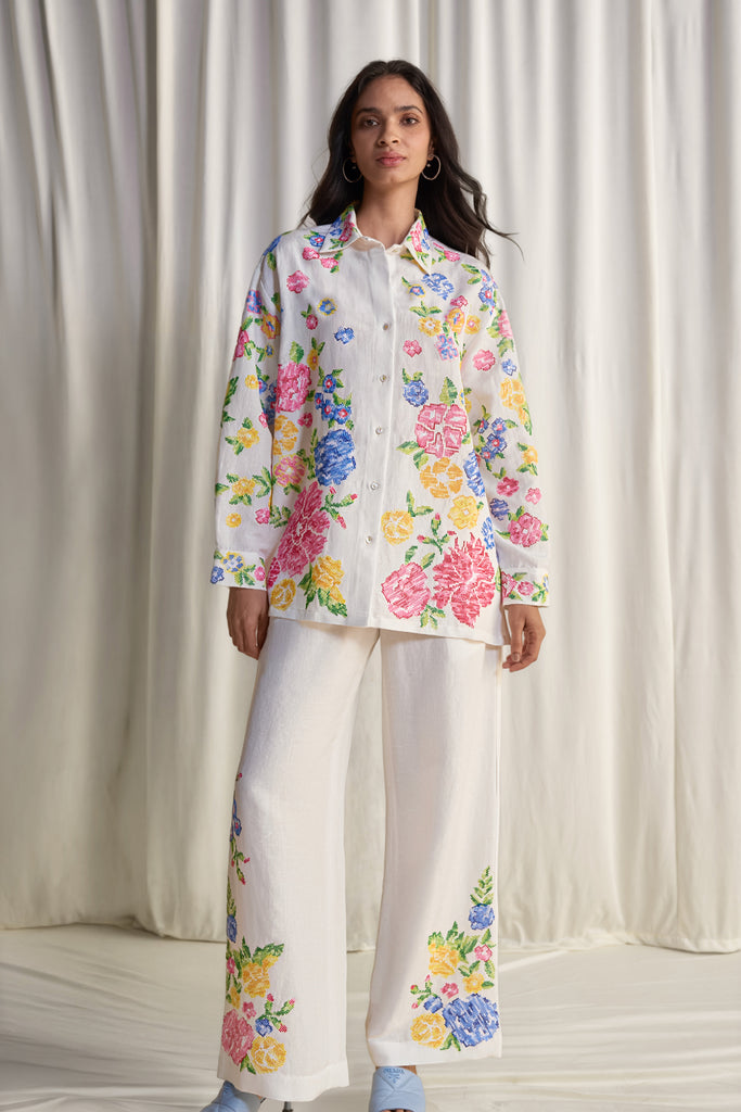 LINEN FLORAL CROSS-STITCH EMBROIDERED PANT dash and dot