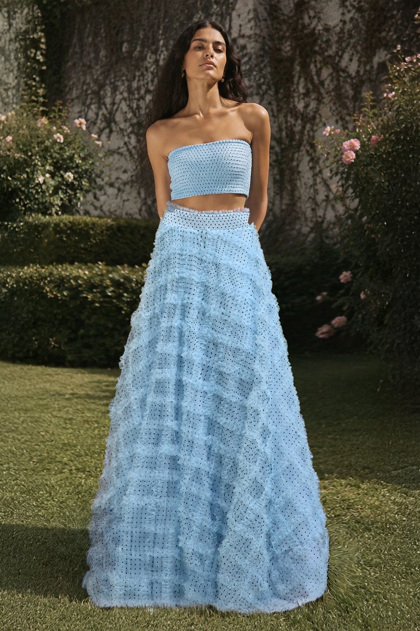 POLKA DOT SMOCKED BRALETTE & APPLIQUÉ FLARED SKIRT