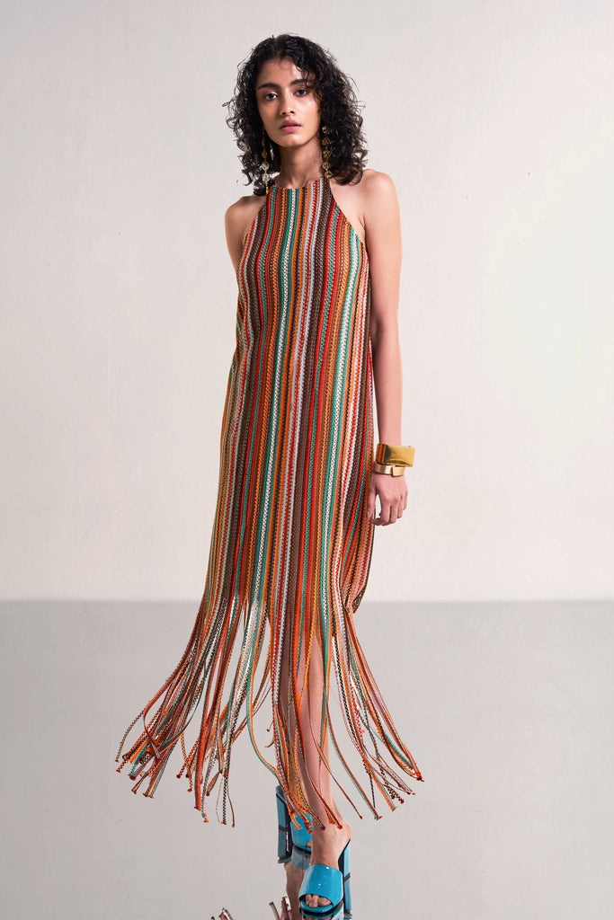 HALTER NECK FRINGE KNIT DRESS dash and dot