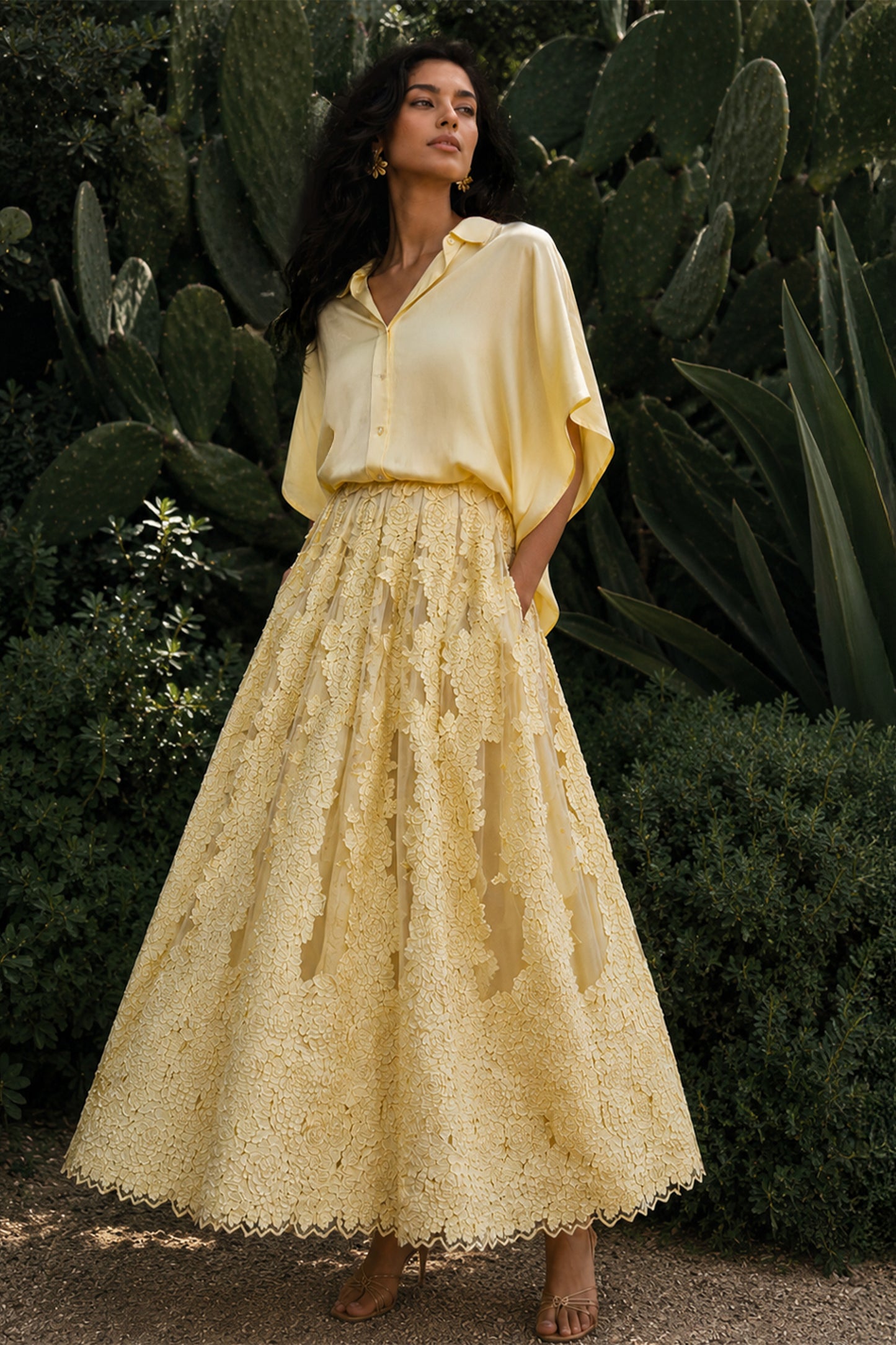 YELLOW SATIN SHIRT & CUTWORK LACE APPLIQUÉ FLARED SKIRT