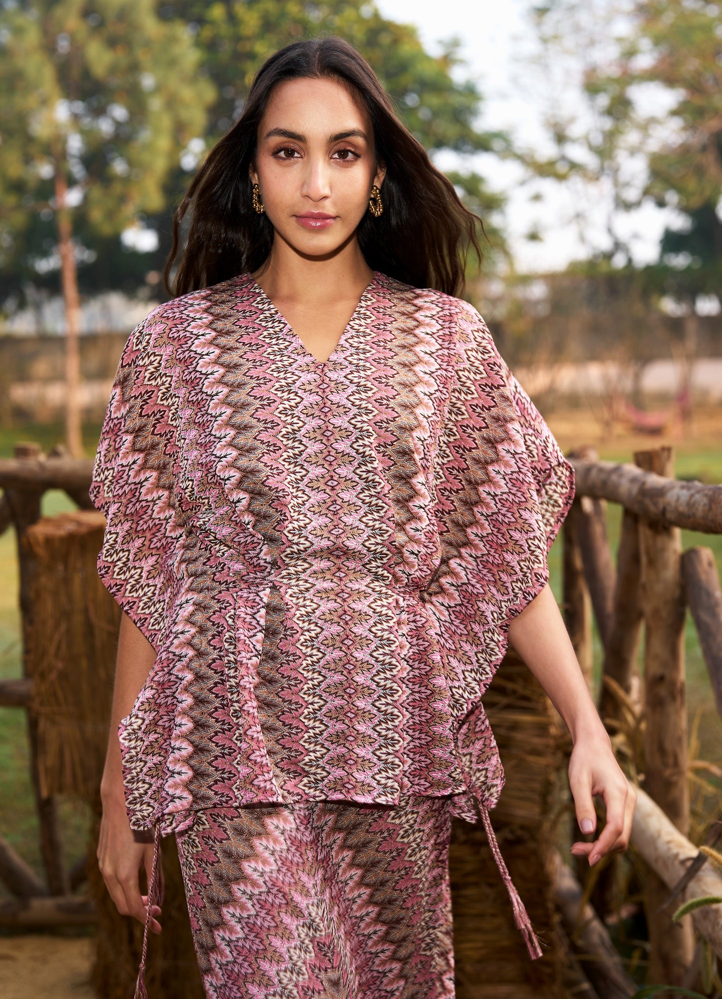 CHEVRON KNIT KAFTAN TOP & MIDI SKIRT SET