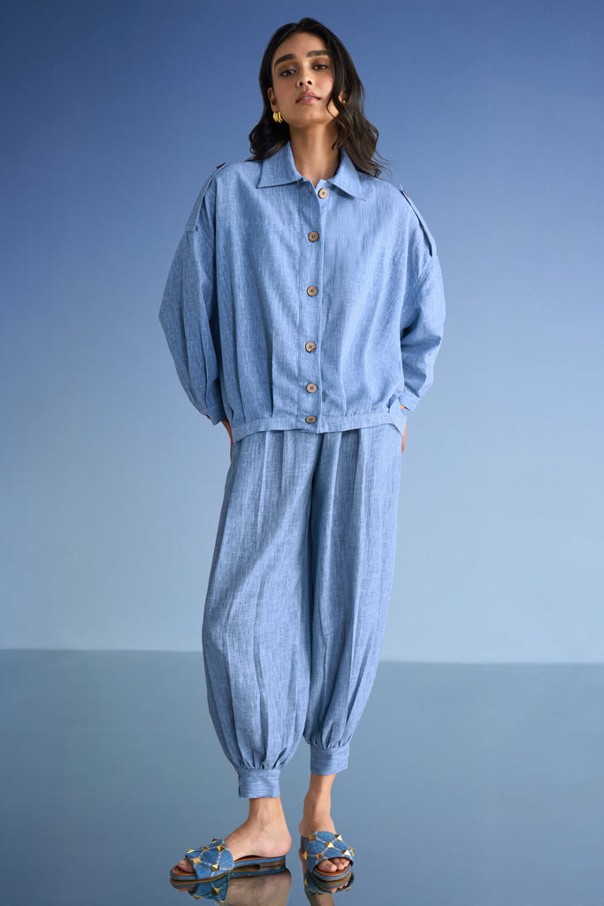 BOX PLEATED LINEN-TEXTURED SHIRT & PANT SET dash and dot