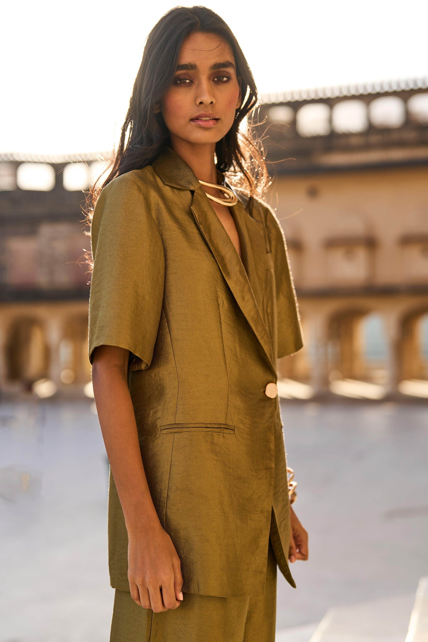 OLIVE BROCADE BLAZER - dash and dot