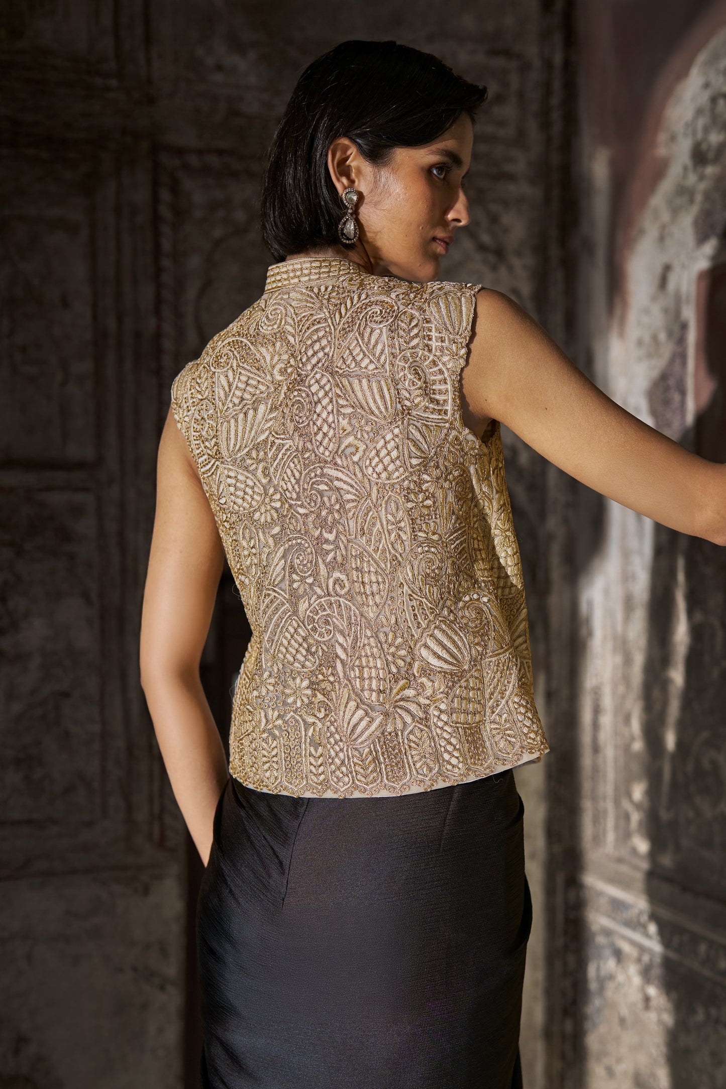 EMBROIDERED SLEEVELESS TOP & BLACK DRAPED SKIRT