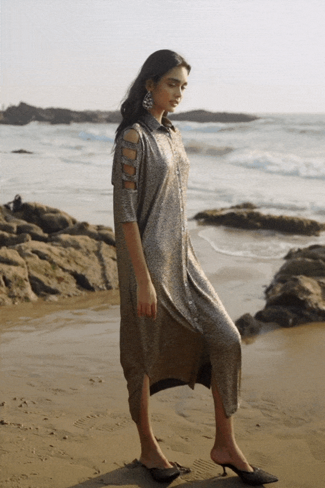SHIMMERING CUTOUT SLEEVE SHIRT DRESS - dash and dot dash and dot