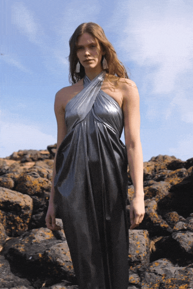 METALLIC BLOCK HALTER GOWN - dash and dot