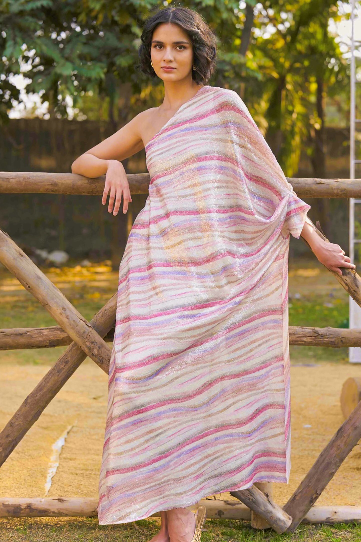 ONE-SHOULDER DRAPED SEQUIN DRESS