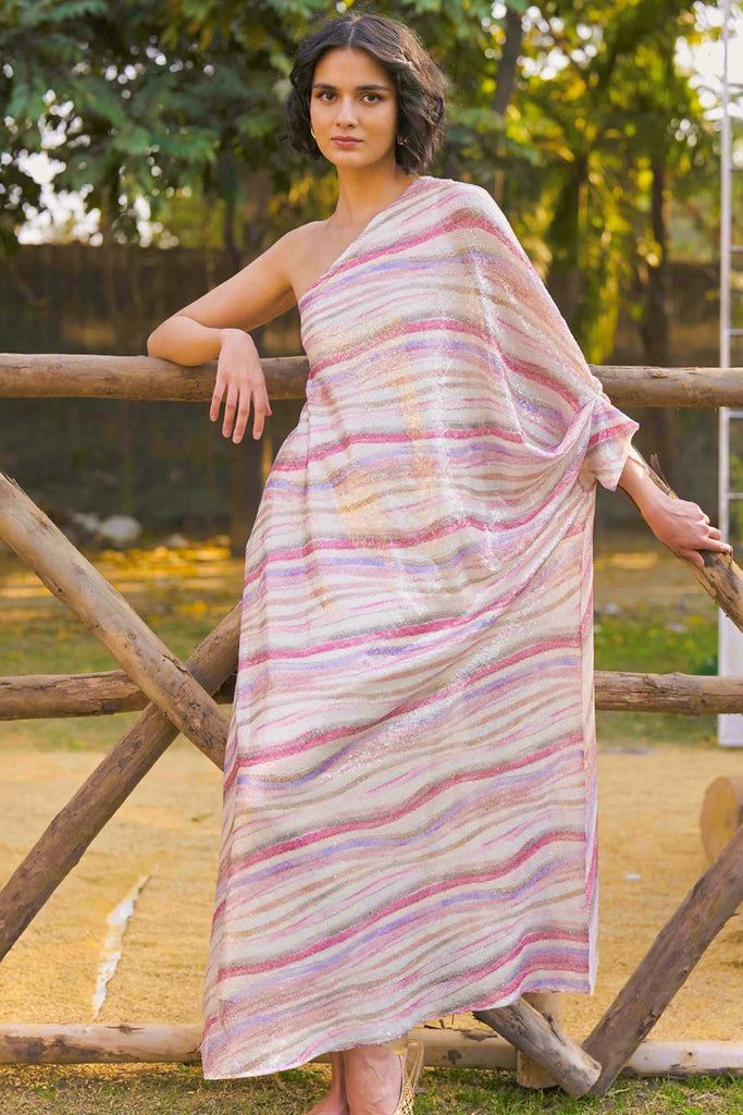 ONE-SHOULDER DRAPED SEQUIN DRESS dash and dot