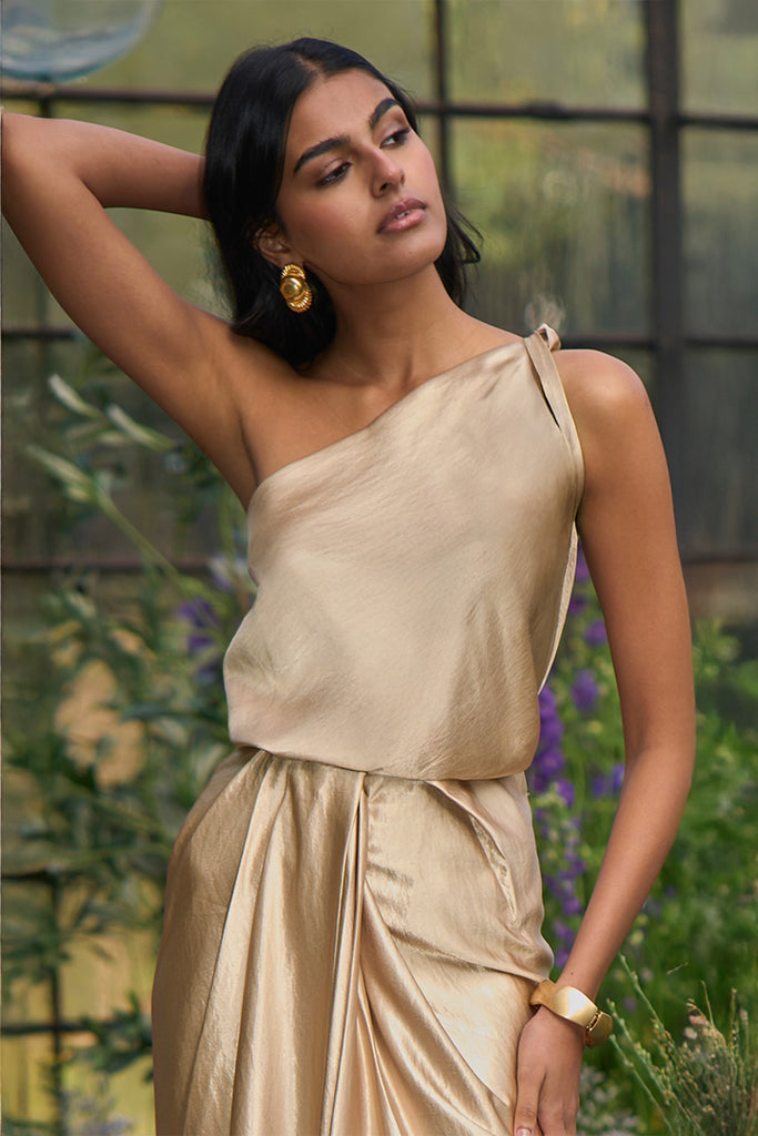 TWISTED ONE SHOULDER TOP & SATIN DRAPED SKIRT dash and dot