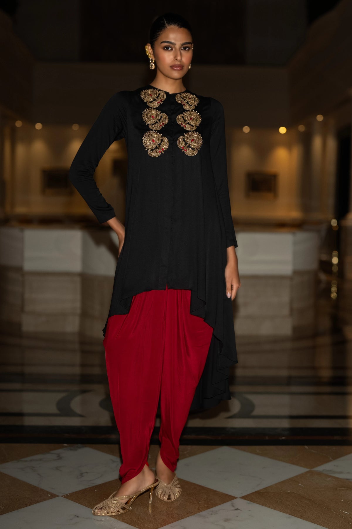 EMBROIDERED ASYMMETRIC DRAPE TOP & TULIP PANT
