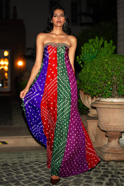 EMBROIDERED BANDHANI FLARED DRESS