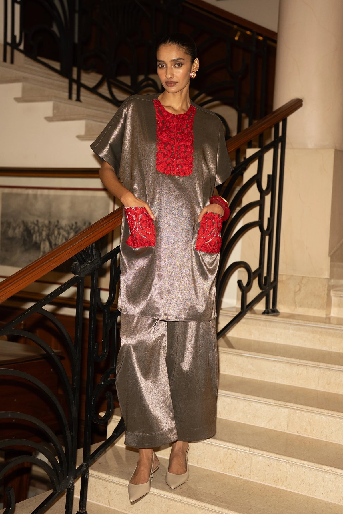 EMBROIDERED BENARES TISSUE BOXY TOP & PANT SET