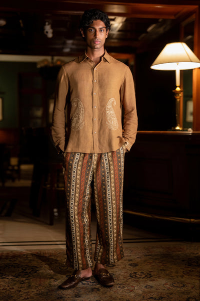 EMBROIDERED LINEN SHIRT & PRINTED STRIPE PANT