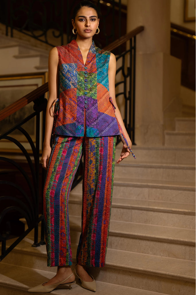 EMBROIDERED PATCHWORK PRINT WAISTCOAT & STRIPE PANT SET dash and dot