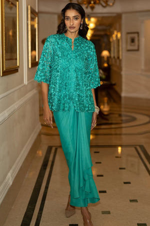 EMBROIDERED SCALLOPED TOP & SATIN DRAPE SKIRT