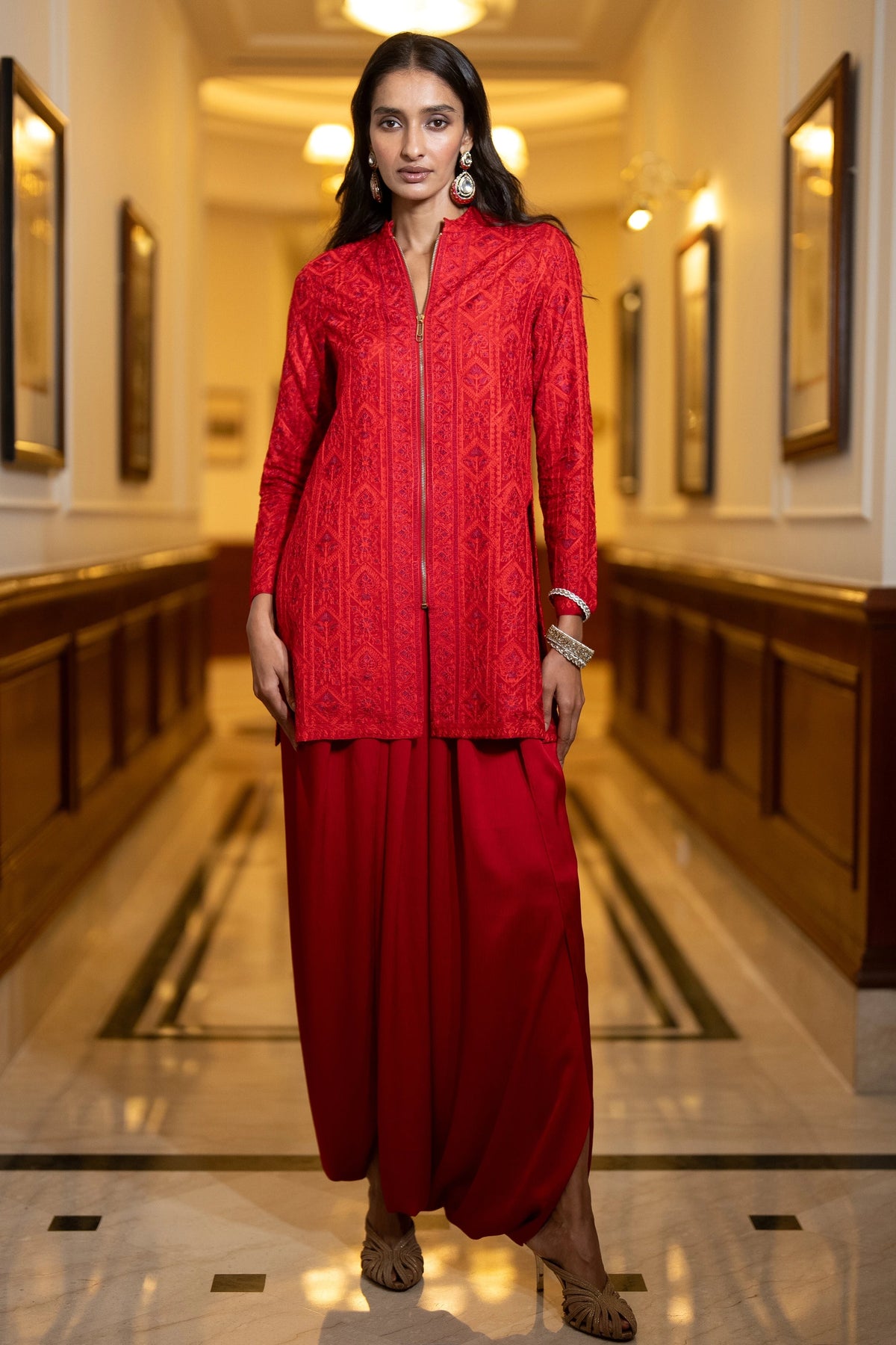 EMBROIDERED ZIP FRONT JACKET & PLEATED DHOTI PANT