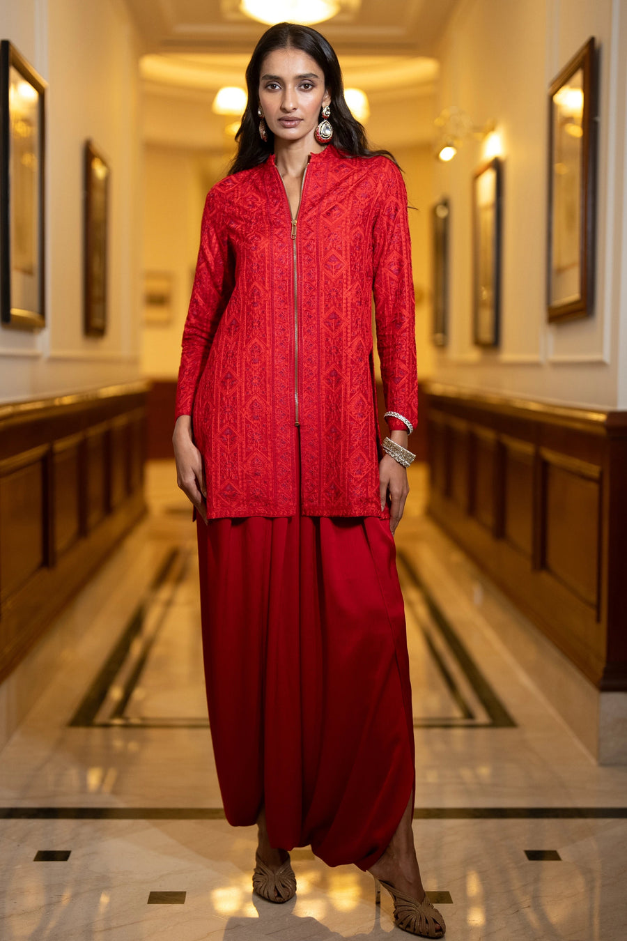 EMBROIDERED ZIP FRONT JACKET & PLEATED DHOTI PANT