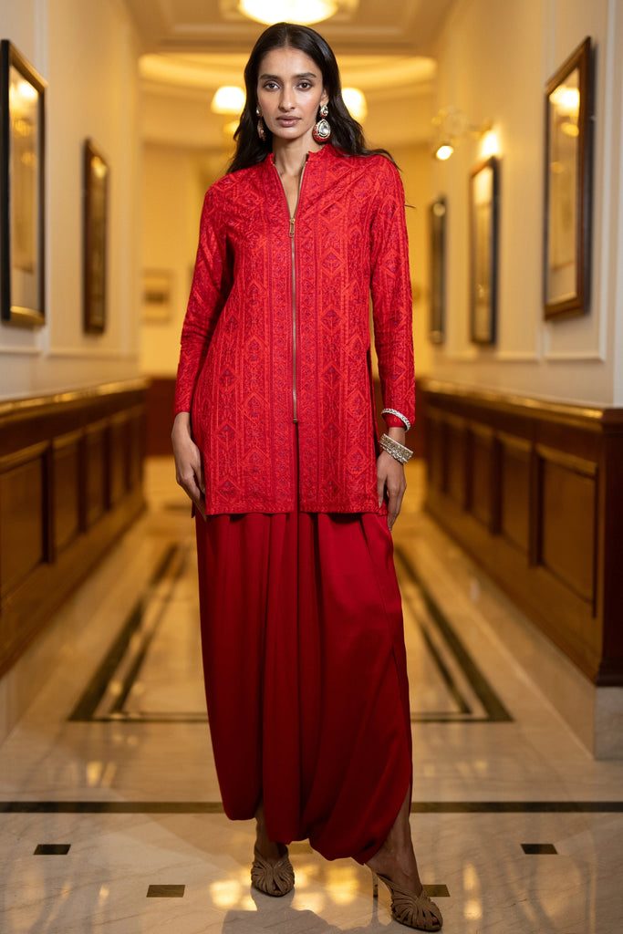 EMBROIDERED ZIP FRONT JACKET & PLEATED DHOTI PANT dash and dot