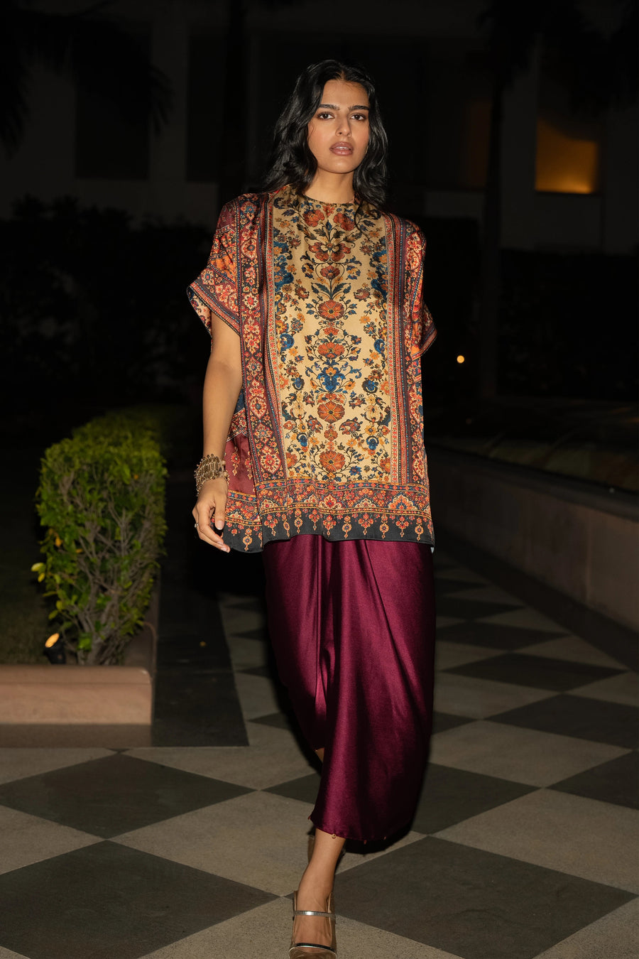 FLORAL MOSAIC PRINT TOP & SATIN DRAPE SKIRT SET