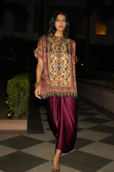FLORAL MOSAIC PRINT TOP & SATIN DRAPE SKIRT SET