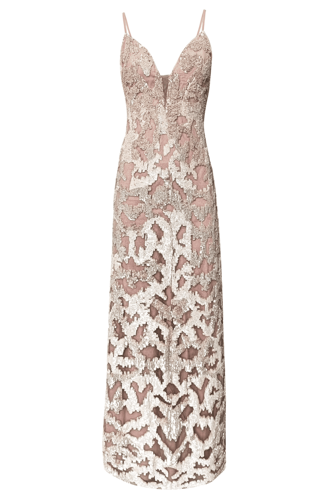 STATEMENT CHAMPAGNE SEQUIN EMBROIDERED GOWN - dash and dot dash and dot