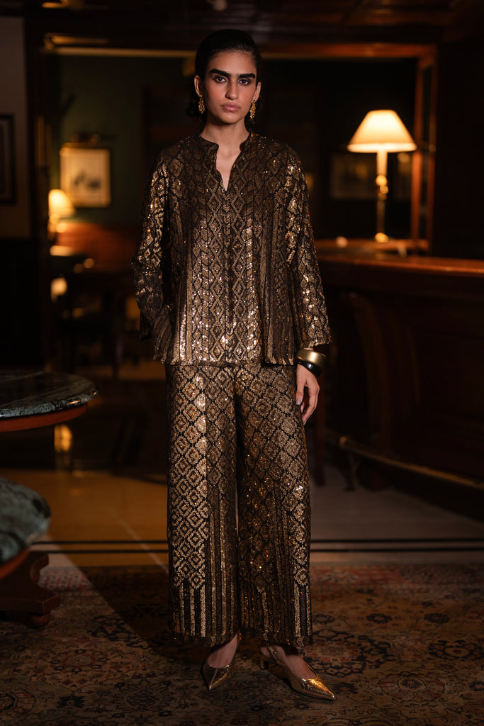 GEOMETRIC SEQUIN EMBROIDERED TOP & WIDE-LEGGED PANT SET dash and dot