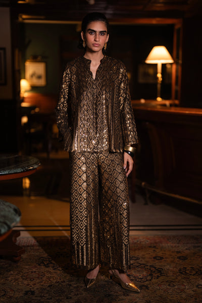 GEOMETRIC SEQUIN EMBROIDERED TOP & WIDE-LEGGED PANT SET