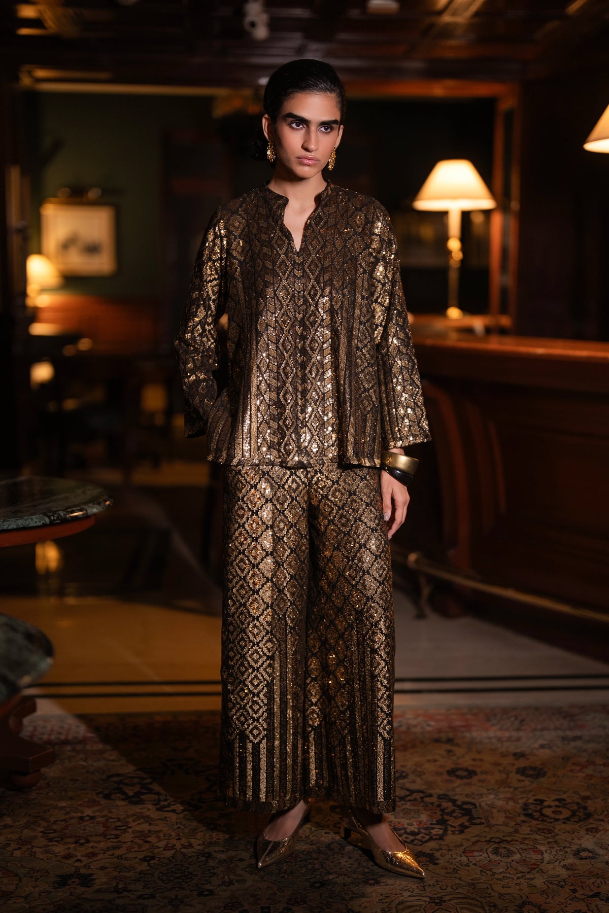 GEOMETRIC SEQUIN EMBROIDERED TOP