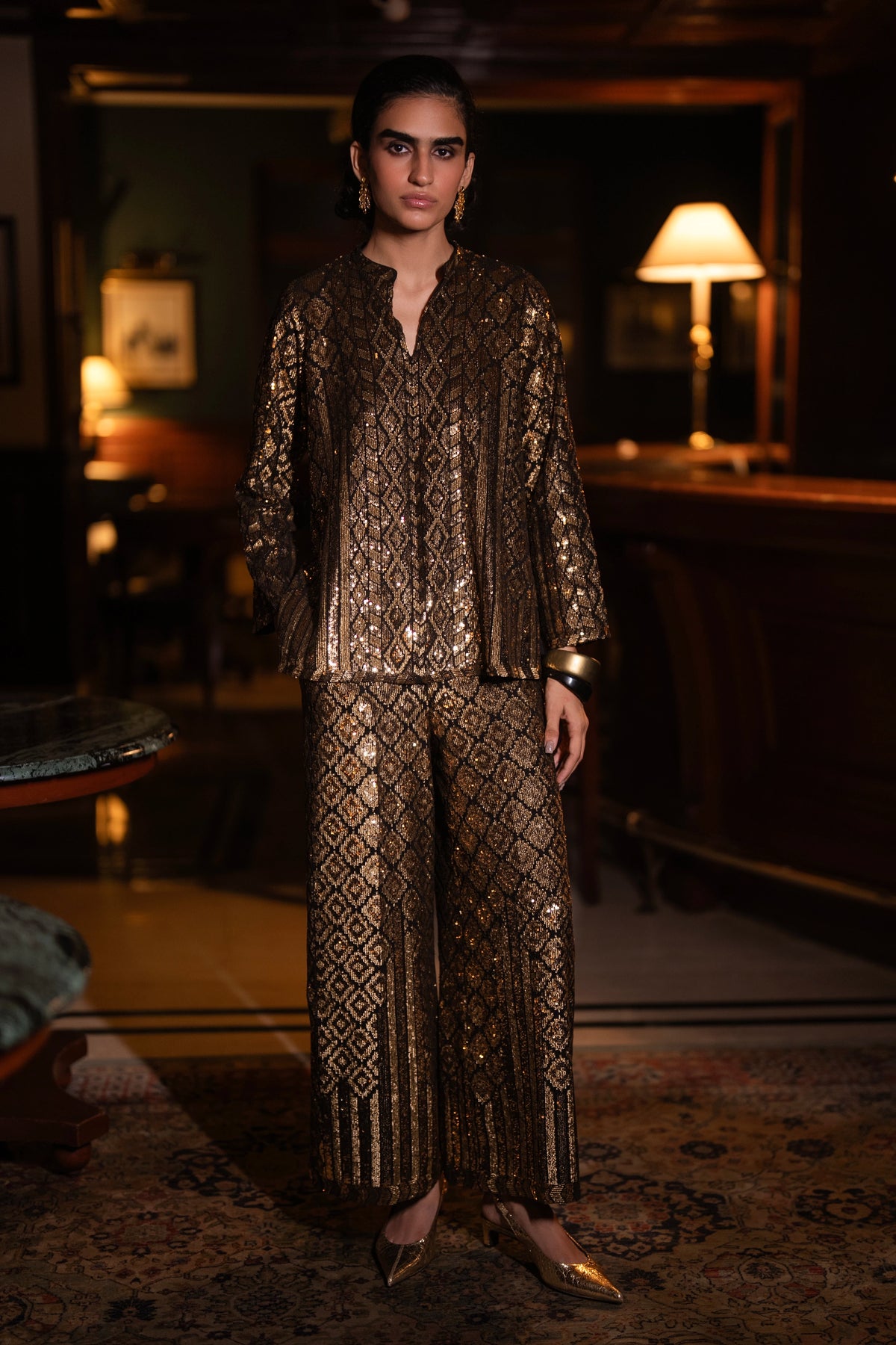 GEOMETRIC SEQUIN EMBROIDERED WIDE-LEGGED PANT