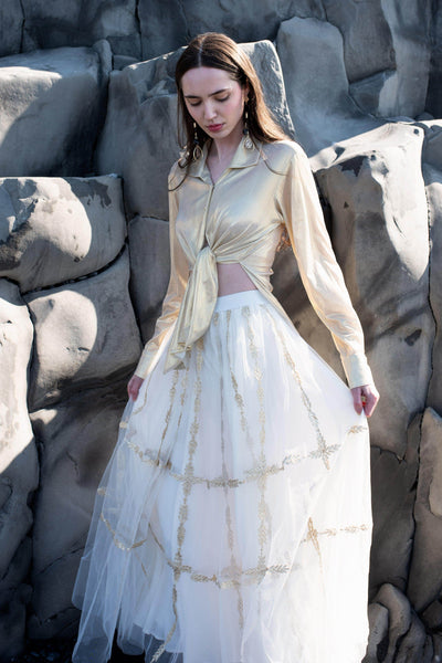 CHAMPAGNE GOLD SHIRT AND GOTA EMBROIDERED MAXI SKIRT SET - dash and dot