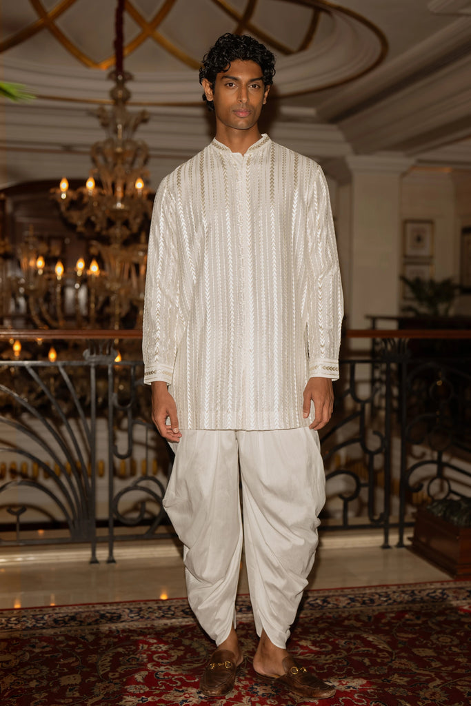 IVORY EMBROIDERED JACKET, LONGLINE SHIRT & DRAPED DHOTI PANT dash and dot