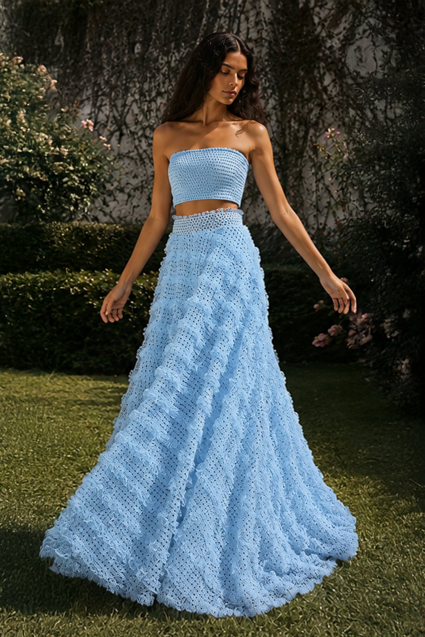 POLKA DOT SMOCKED BRALETTE & APPLIQUÉ FLARED SKIRT