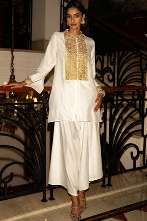 METALLIC THREAD EMBROIDERED TOP & DRAPED IVORY CULOTTE