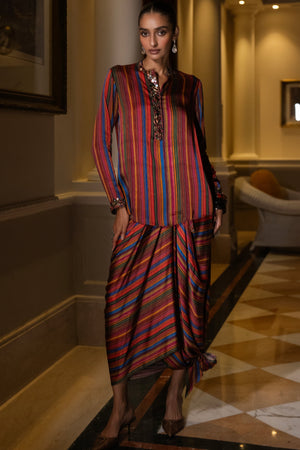 MIRROR EMBROIDERED MULTICOLOUR SHIRT & DRAPE SKIRT SET