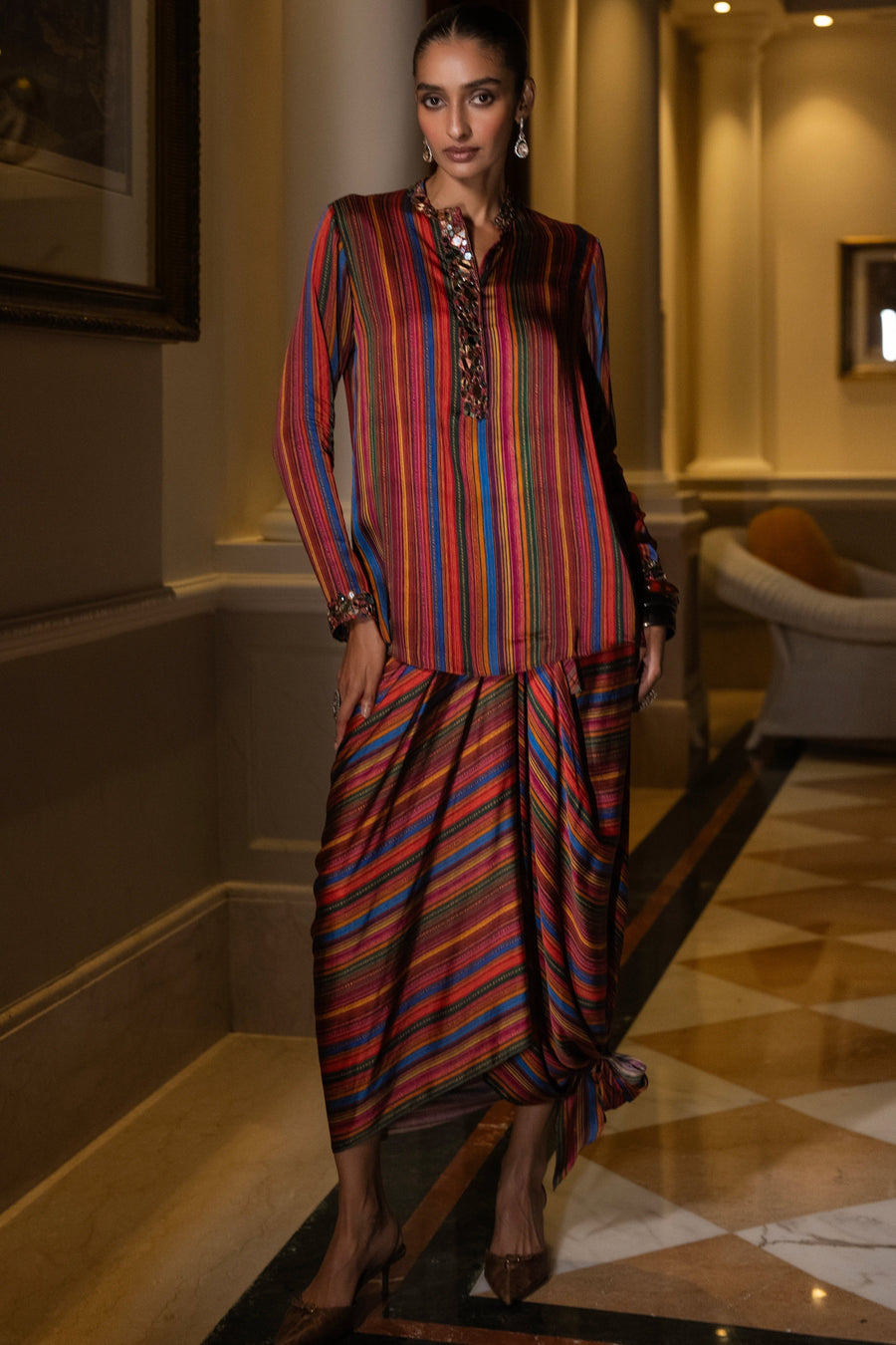 MIRROR EMBROIDERED MULTICOLOUR SHIRT & DRAPE SKIRT SET